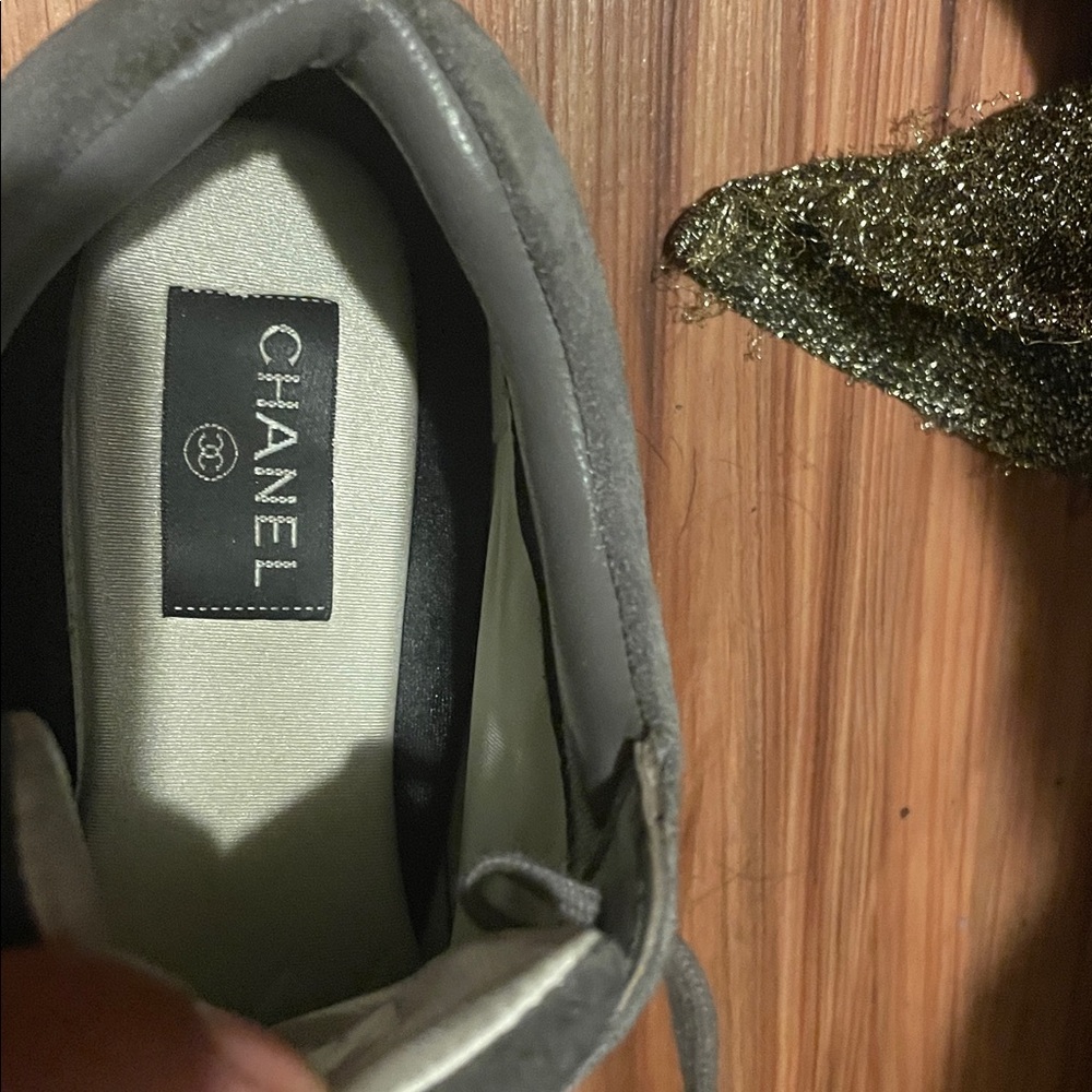Authentic CHANEL Gray and Black Suede Sneakers with White CC Logo - Picture 10 of 13